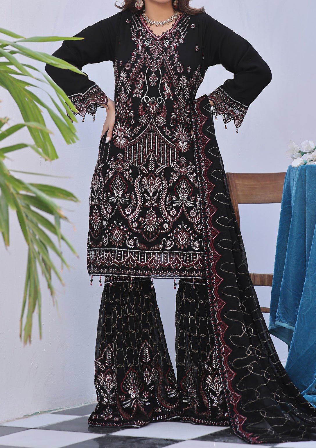 Bin Hameed Ready Made Heavy Embroidered Sharara Dress - Small - 38