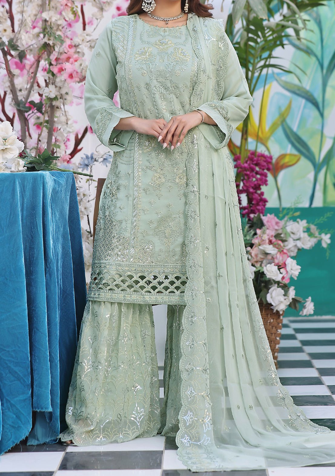 Bin Hameed Ready Made Heavy Embroidered Sharara Dress - Small - 38