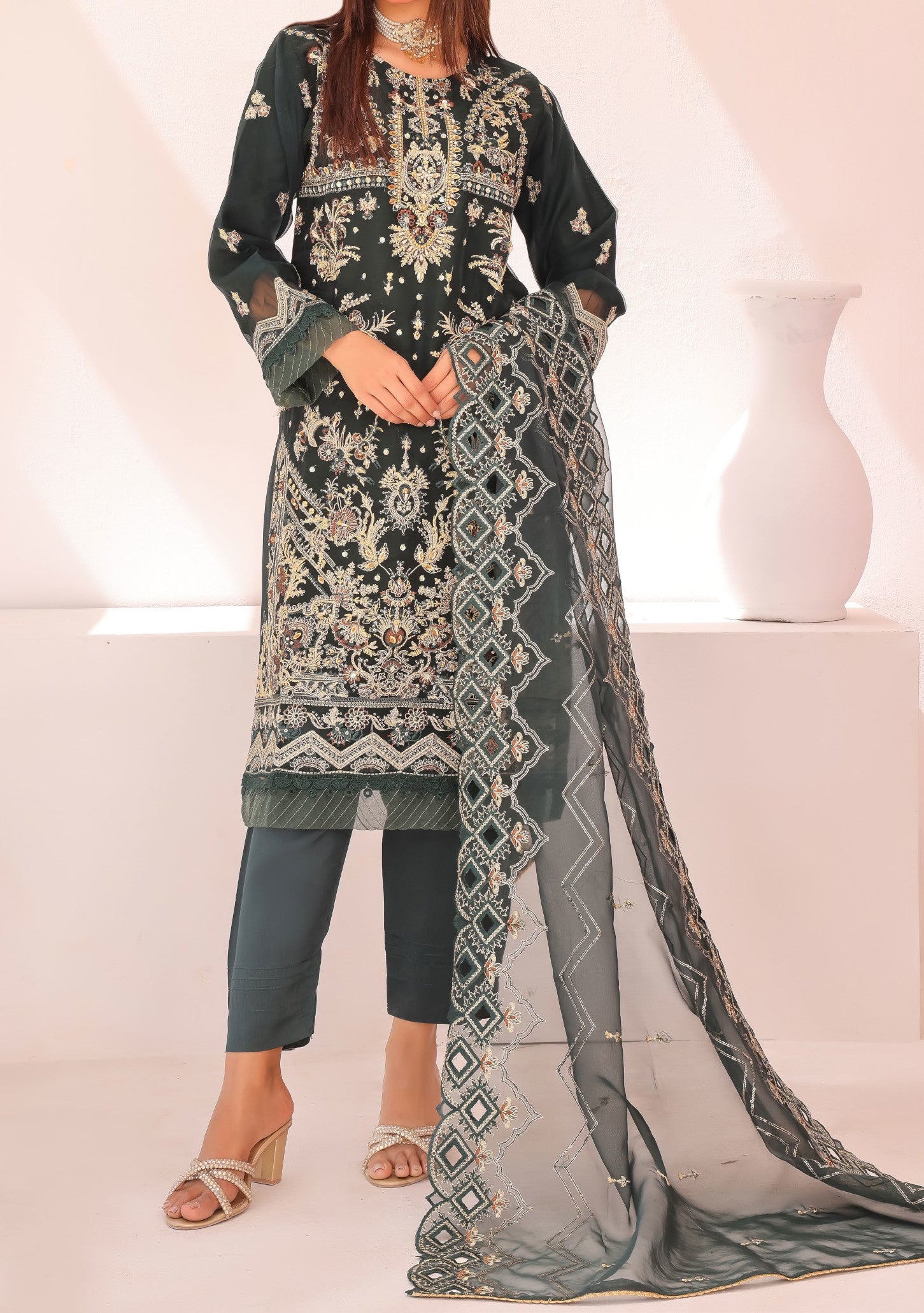 Bin Hameed Gul E Lala Heavy Embroidered Organza Dress - Small - 38